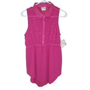 Vintage Soulmates Top Pink Sheer Sleeveless Tunic Blouse Pearl Rhinestone Medium
